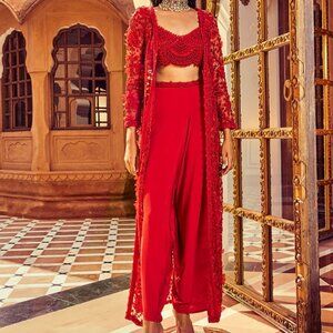 Red Women's Lehenga Set with Embroidered Jacket